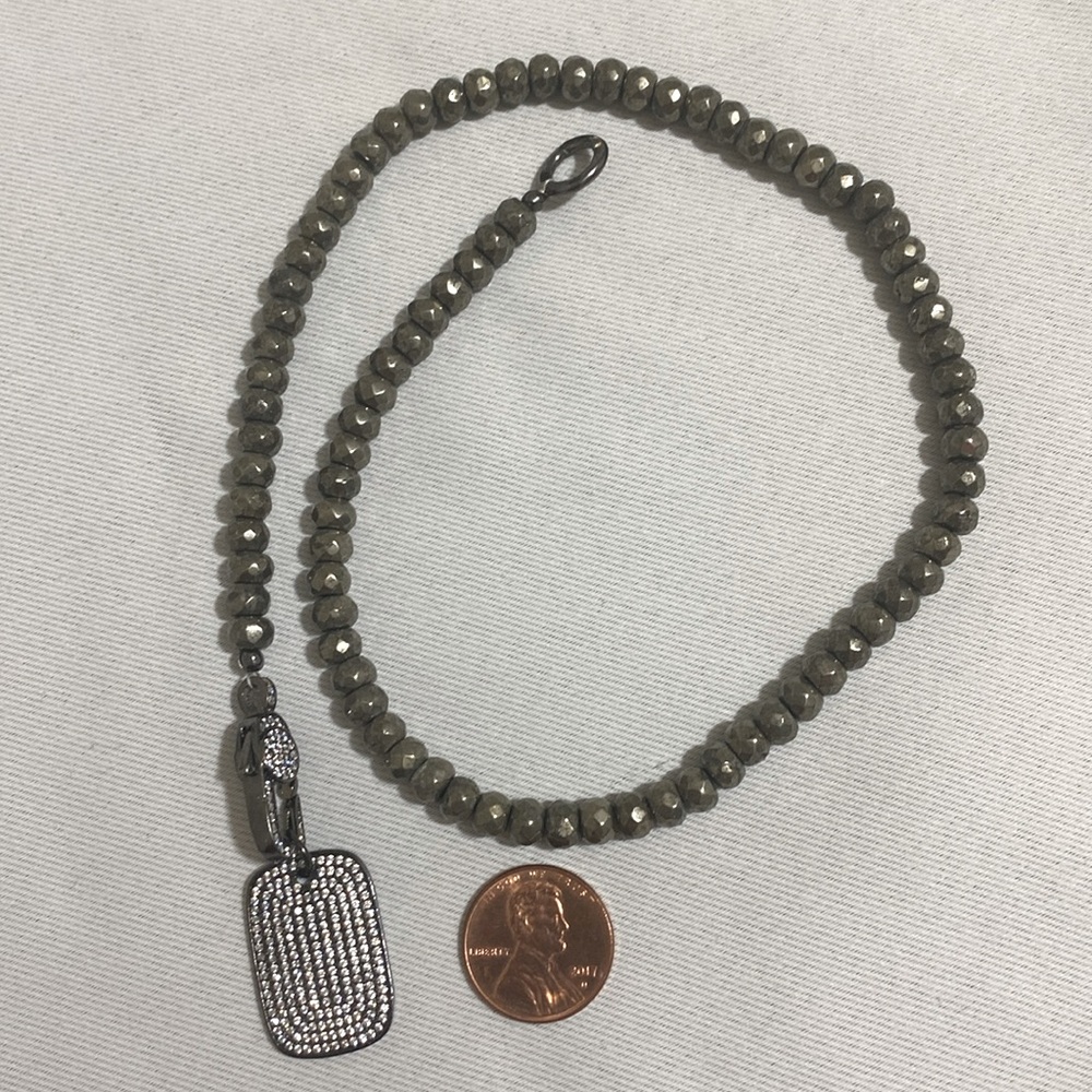 NWOT Pyrite Rondelle Gemstone Necklace; Faceted Dainty Beads Strand w Pendant - Picture 5 of 6